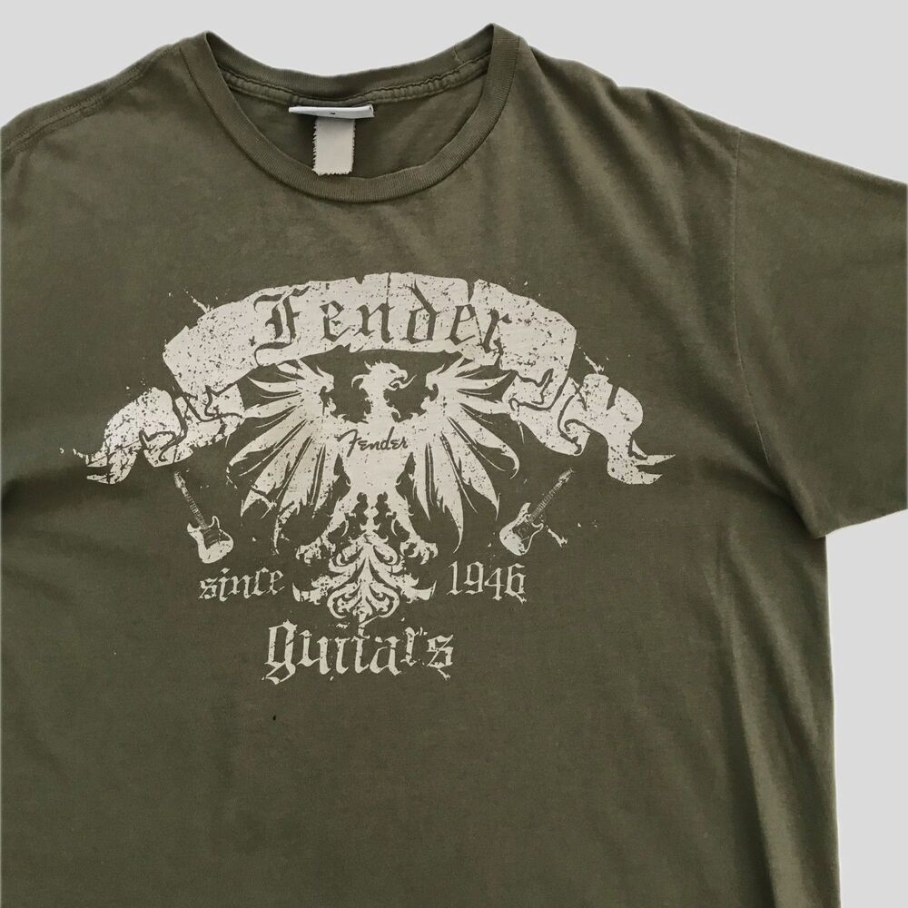 Fender Guitar Olive Green Distressed Cotton Music T Shirt Mens Size M/L